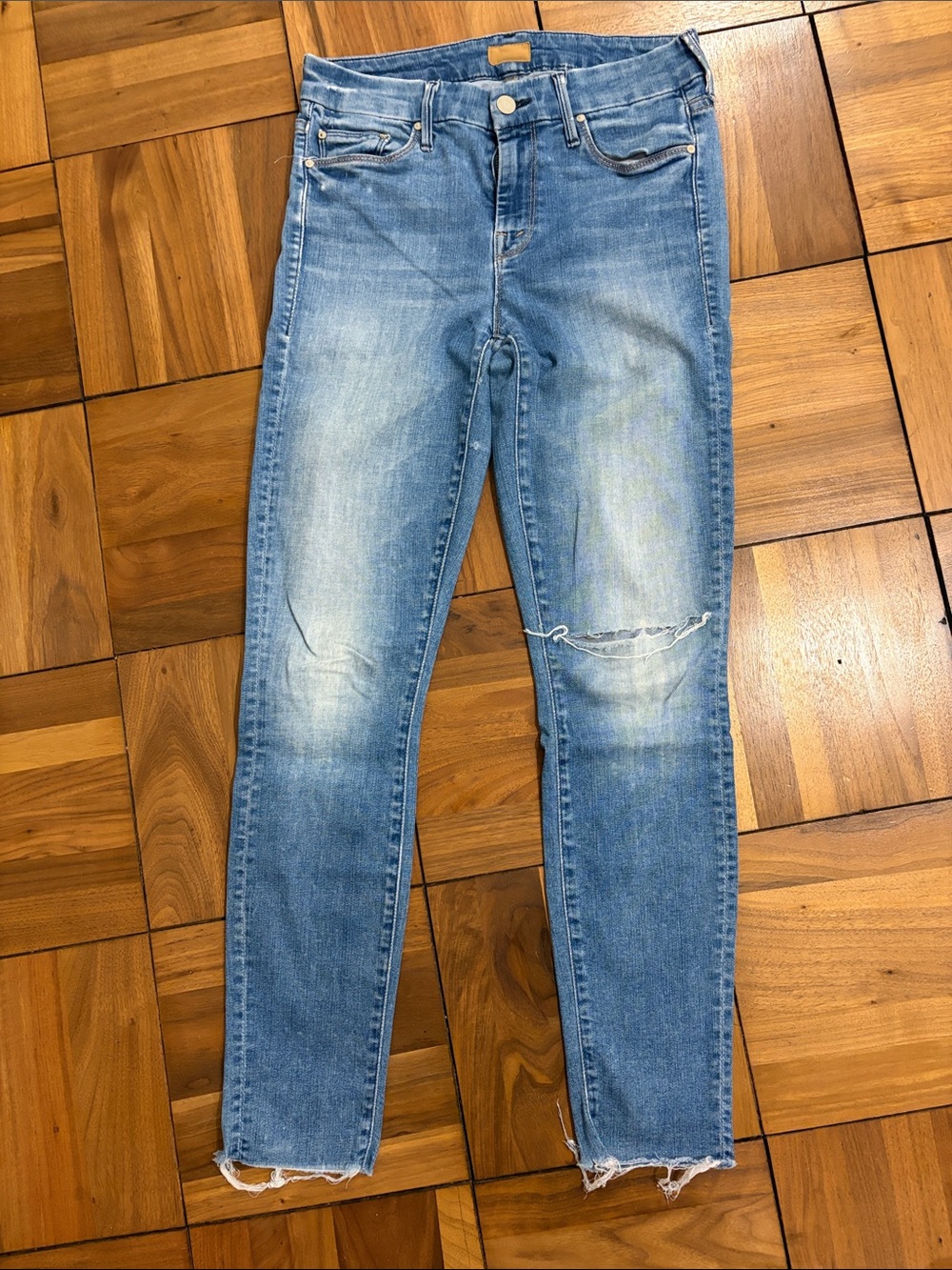 MOTHER Light Blue Distressed Slim Stretch Jeggings (Looker Ankle Fray)